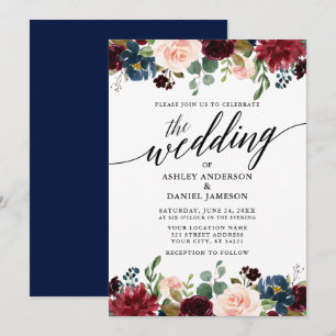 Moderne Kalligrafie Burgundy Floral Blue Wedding Einladung