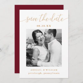 Moderne Kalligrafie Burgundy Red Foto Wedding Save The Date
