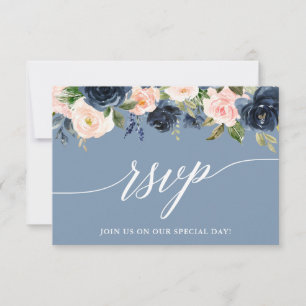 Moderne Kalligrafie Dusty Blue Pink Floral RSVP Karte