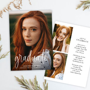 Moderne Kalligrafie Einfache 3-Foto-Graduierungspa Einladung