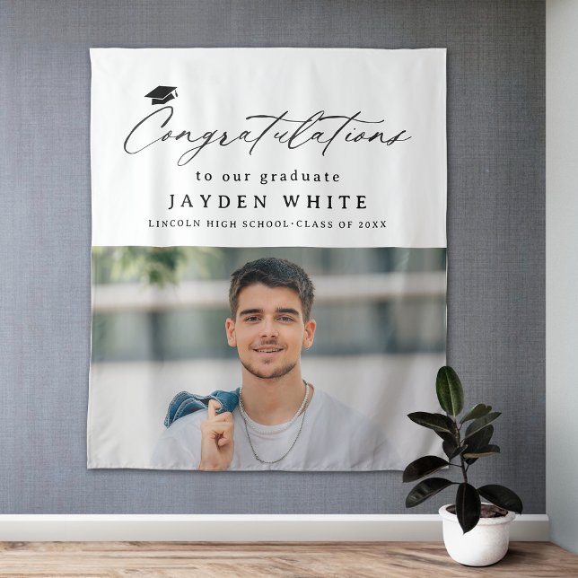 Moderne Kalligrafie Einfaches Foto Graduation Part Wandteppich (Modern Calligraphy Simple Photo Graduation Party Tapestry)