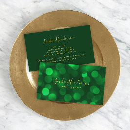 Moderne Kalligrafie Emerald Green Bokeh Lights Visitenkarte