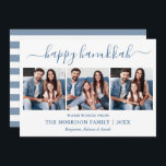Moderne Kalligrafie Hanukkah 3 Foto Blau Streifen<br><div class="desc">Modern Trendy Calligraphy Script 3 Foto Family Foto Collage Happy Hanukkah Card - Dusty Blue und White Strips Back</div>