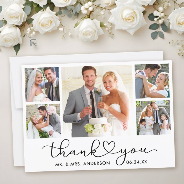 Moderne Kalligrafie Herzschrift 5 Foto Hochzeit Dankeskarte (Customize to add text to back of card.)