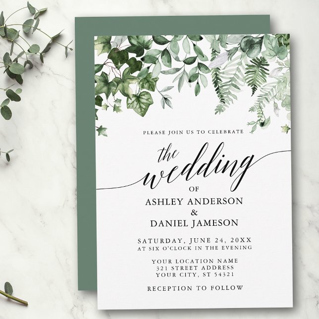 Moderne Kalligrafie Hochzeit Ivy Ferns Sage Green Einladung (Customize to change your personalized text size, style or color of back of card.)