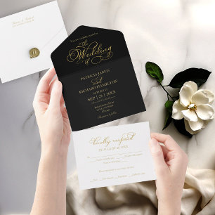 Moderne Kalligrafie Hochzeit Schwarz und Gold All In One Einladung