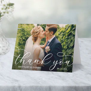Moderne Kalligrafie-Hochzeitspaar-Foto-Notiz Dankeskarte