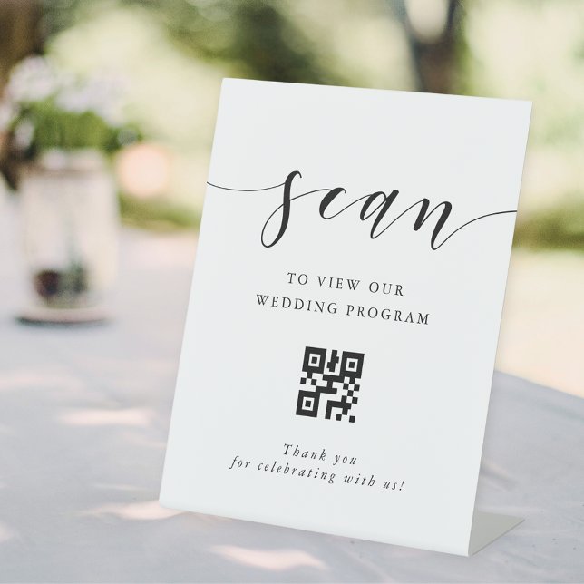 Moderne Kalligrafie Hochzeitsprogramm QR-Code Sockelschild (Von Creator hochgeladen)