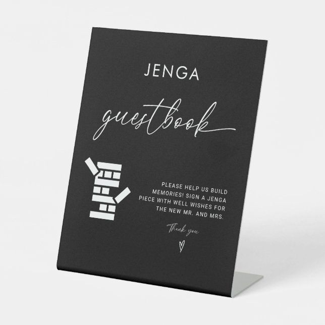 Moderne Kalligrafie Jenga Gästebuch Wedding Sign Sockelschild (Vorderseite)