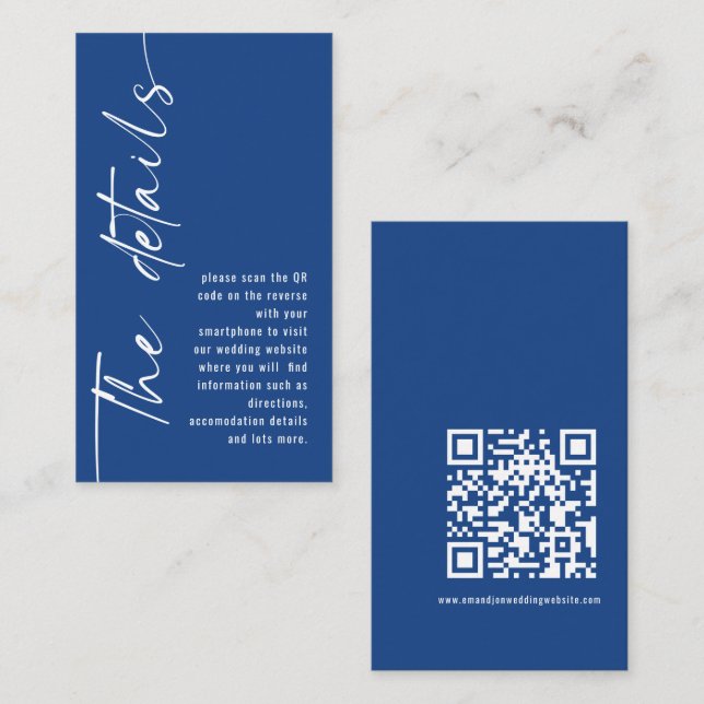 Moderne Kalligrafie QR Code Blue Wedding Details Begleitkarte (Vorne/Hinten)