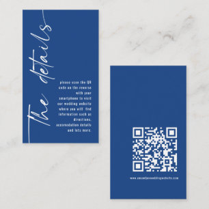 Moderne Kalligrafie QR Code Blue Wedding Details Begleitkarte