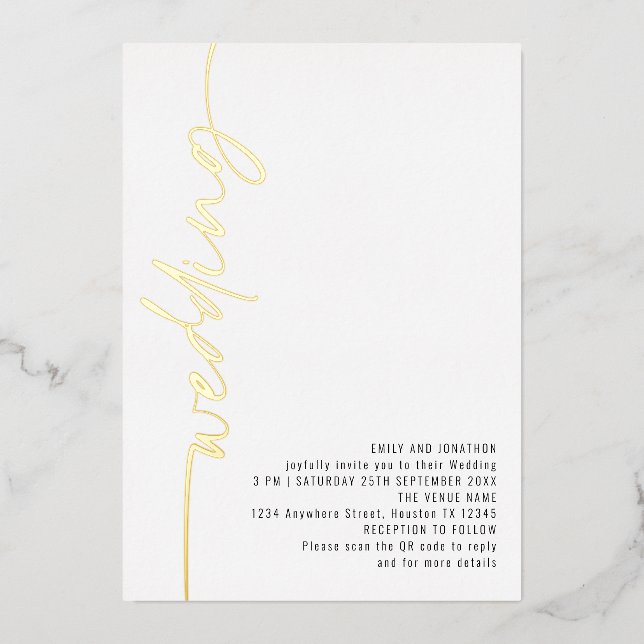 Moderne Kalligrafie QR Code Wedding Real Foil Invi Folieneinladung (Vorderseite)