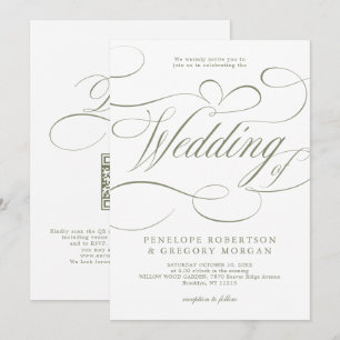 Moderne Kalligrafie Sage Green QR-Code-Hochzeit Einladung