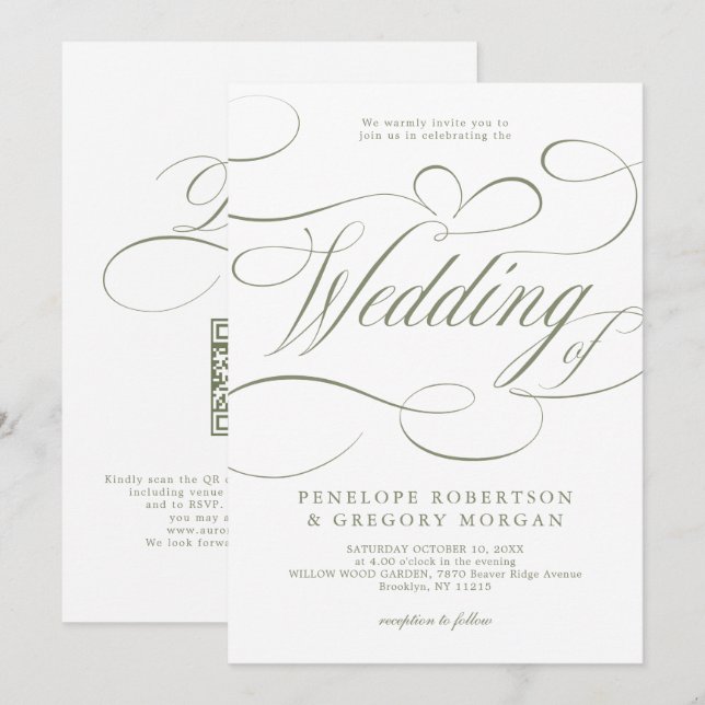 Moderne Kalligrafie Sage Green QR-Code-Hochzeit Einladung (Vorne/Hinten)