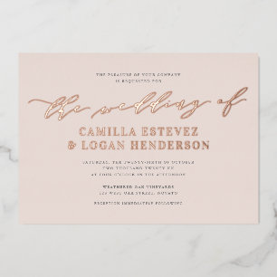 Moderne Kalligrafie-Schrift Hochzeit Blush Roségol Folieneinladung