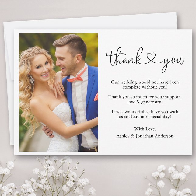 Moderne Kalligrafie Script Heart Foto Wedding Dankeskarte (Customize to add text or more photos to back of card.)