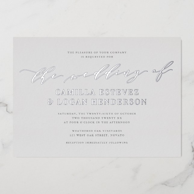 Moderne Kalligrafie Script Wedding Bale Gray Silve Folieneinladung (Vorderseite)