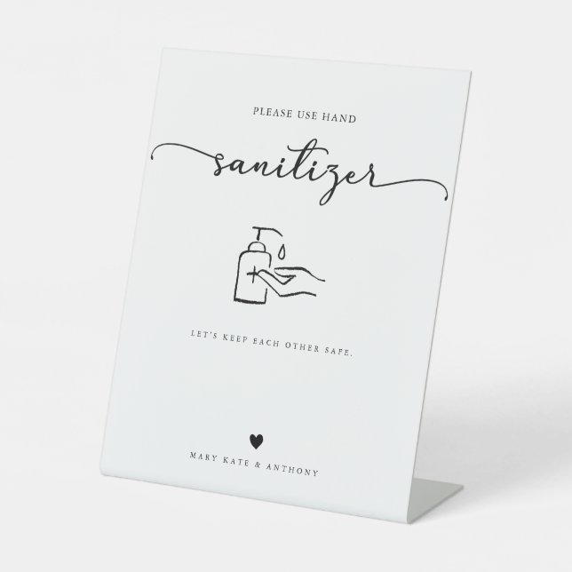 Moderne Kalligrafie Script Wedding Hand Sanitizer Sockelschild (Vorderseite)