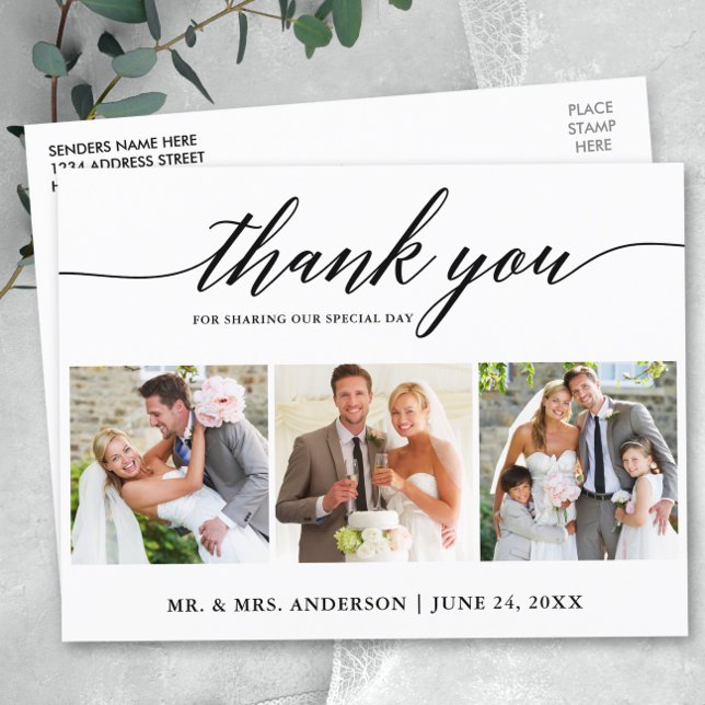 Moderne Kalligrafie Wedding 3 Foto Vielen Dank Postkarte (Customize to change your personalized text size or text style.)