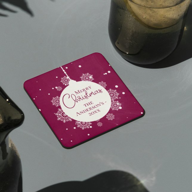 Moderne Kalligrafie Weihnachtsschmuck Bold Magenta Rechteckiger Pappuntersetzer (Modern Calligraphy Christmas ornament Bold Magenta Square Paper Coaster)