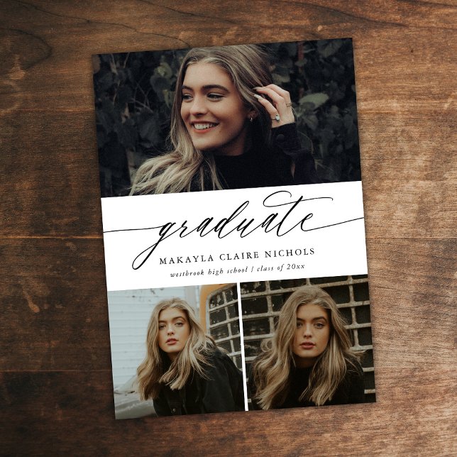 Moderne Kalligrafie White Drei Foto Abschluss Einladung (Von Creator hochgeladen)