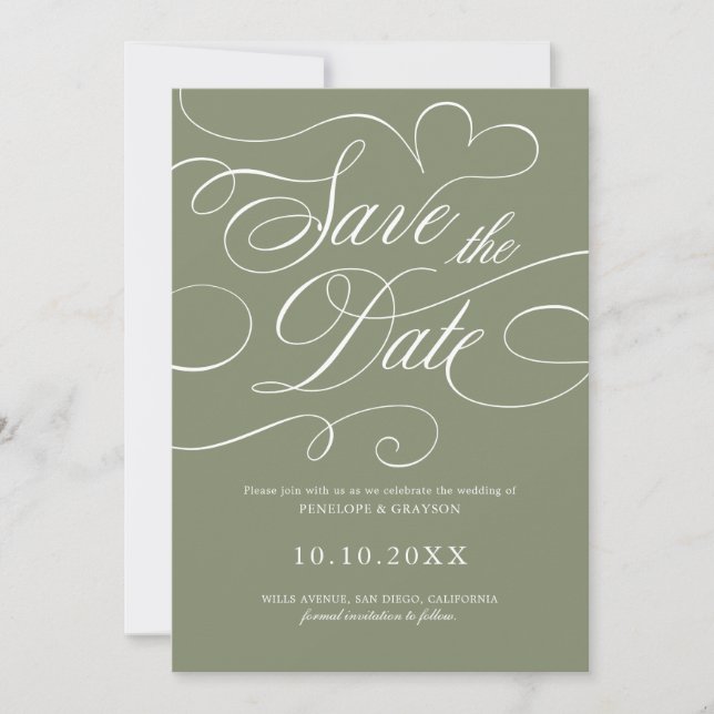 Moderne Kalligrafie zeitloser Salbei-QR-Code-Hochz Save The Date (Vorderseite)