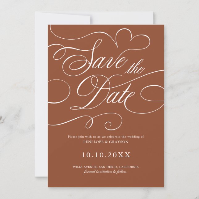 Moderne Kalligrafie Zeitloser Terrakotta QR-Code Save The Date (Vorderseite)
