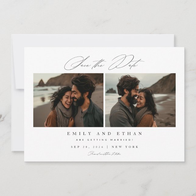 Moderne Kalligrafie - Zwei Fotos - QR-Code Save The Date (Vorderseite)