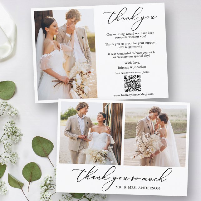 Moderne Kalligraphie 3 Foto QR Code Hochzeit Dankeskarte (Customize to change your personalized text style, size or color.)