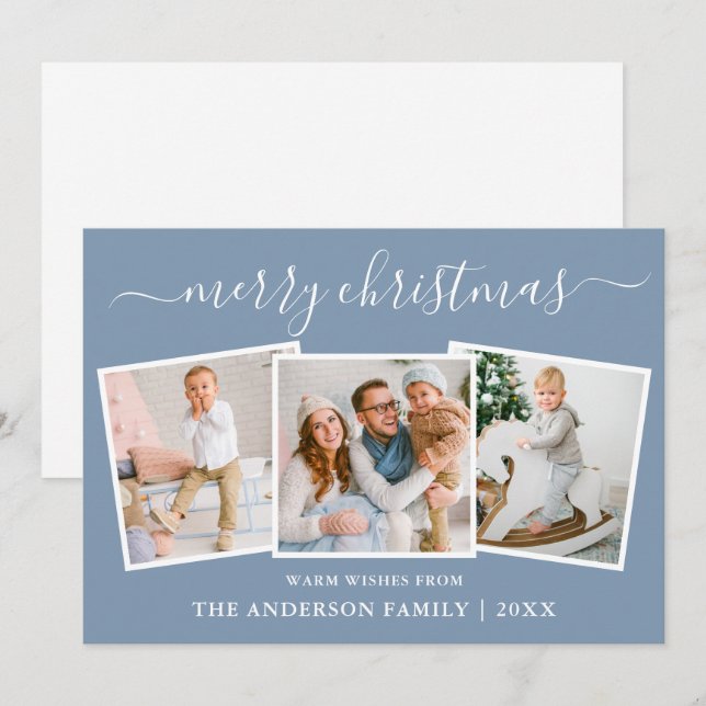 Moderne Kalligraphie 3 Foto Weihnachten Blau (Vorne/Hinten)