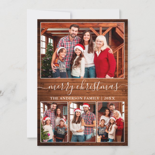 Moderne Kalligraphie 4 Foto Holz Frohe Weihnachten (Vorderseite)