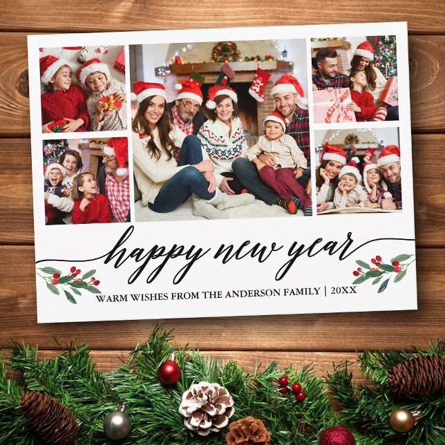 Moderne Kalligraphie 5 Foto Familie glücklich Neue Postkarte (Customize to change your personalized text size or text style.)