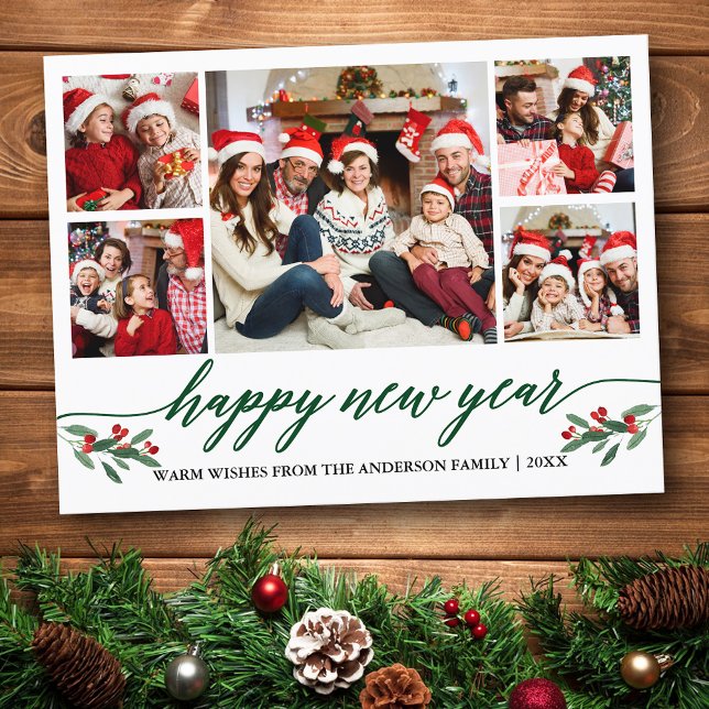 Moderne Kalligraphie 5 Foto Glück Neues Jahr Grün Postkarte (Customize to change your personalized text size or text style.)