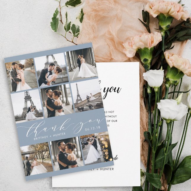 Moderne Kalligraphie 9 Foto Collage Dusty Blue Dankeskarte (Von Creator hochgeladen)