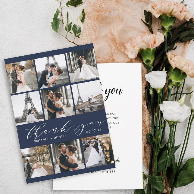Moderne Kalligraphie 9 Foto Collage Navy Blue Dankeskarte (Von Creator hochgeladen)