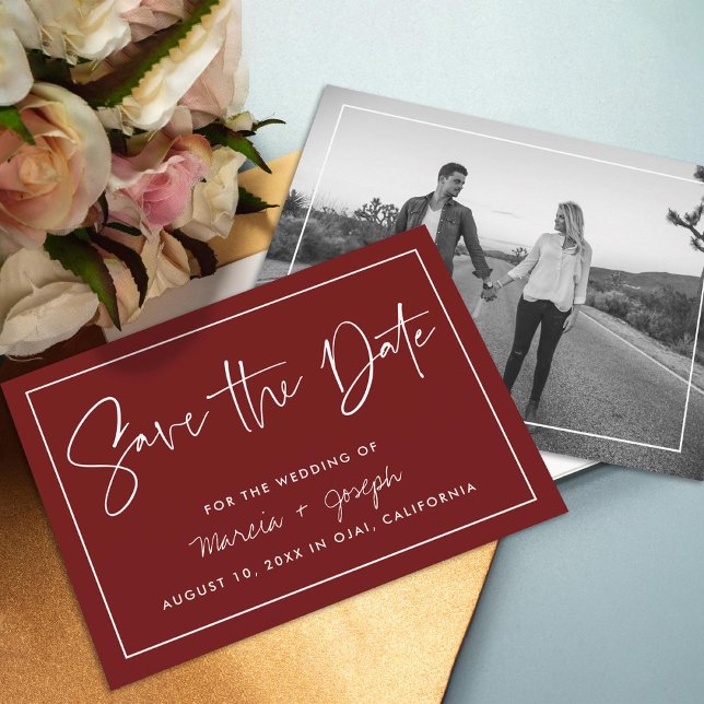 Moderne Kalligraphie Burgund Non-Foto Save The Date (Von Creator hochgeladen)