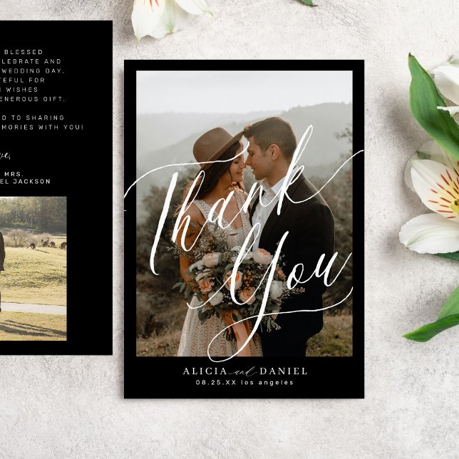 Moderne Kalligraphie Drehbuch 2 Fotos Hochzeit Dankeskarte (Von Creator hochgeladen)