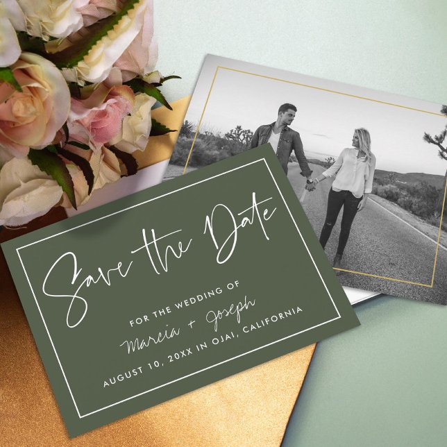 Moderne Kalligraphie Dunkelgrün ohne Foto Save The Date (Von Creator hochgeladen)