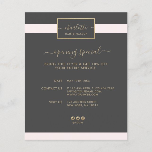 Moderne Kalligraphie Elegantes Gold Rosa & Grau Flyer (Vorne)