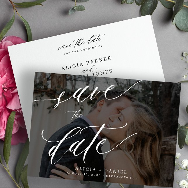 Moderne Kalligraphie-Foto-Hochzeit Save The Date (Von Creator hochgeladen)