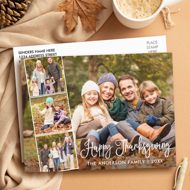 Moderne Kalligraphie glücklich Erntedankfest 4 Fot Postkarte (Customize to change your personalized text size or text style.)