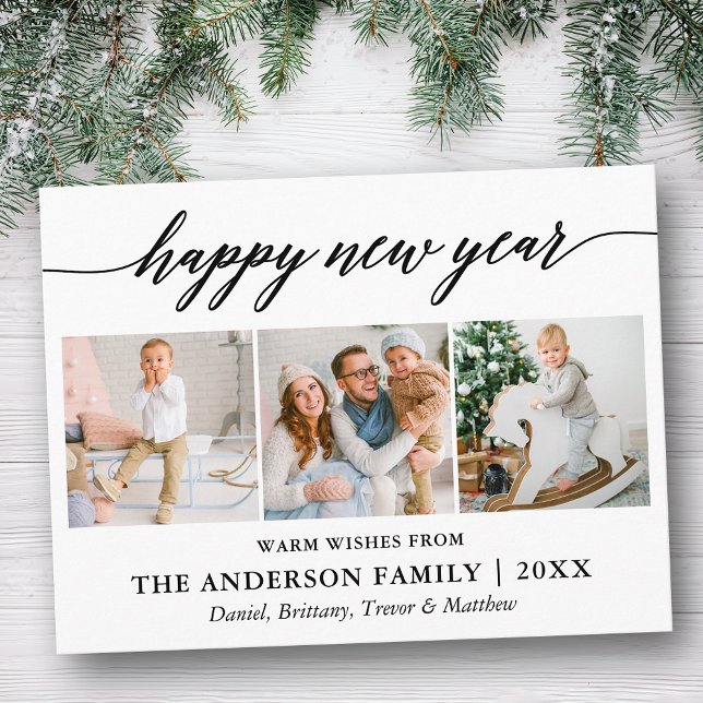 Moderne Kalligraphie glücklich Neues Jahr 3 Foto Postkarte (Customize to change your personalized text size or text style.)