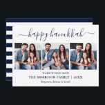 Moderne Kalligraphie Hanukkah 3 Foto Blaue Streife<br><div class="desc">Modern Trendy Calligraphy Script 3 Foto Family Foto Collage Happy Hanukkah Card - Navy Blue und White Strips Back</div>