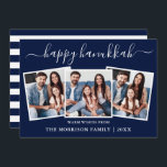 Moderne Kalligraphie Hanukkah Blaue Streifen 3 Fot<br><div class="desc">Modern Trendy Calligraphy Script 3 Foto Family Foto Collage Happy Hanukkah Card - Navy Blue und White Strips Back</div>