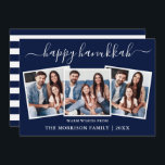 Moderne Kalligraphie Hanukkah Blaue Streifen 3 Fot Feiertagskarte<br><div class="desc">Modern Trendy Calligraphy Script 3 Foto Family Foto Collage Happy Hanukkah Card - Navy Blue und White Strips Back</div>