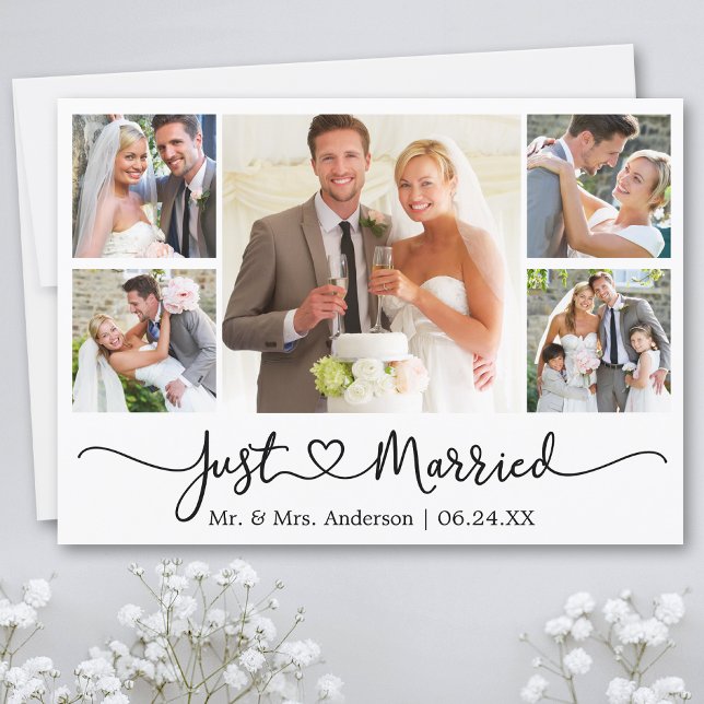 Moderne Kalligraphie Herz 5 Foto Hochzeit Ankündigung (Customize to add text or more photos to back of card.)