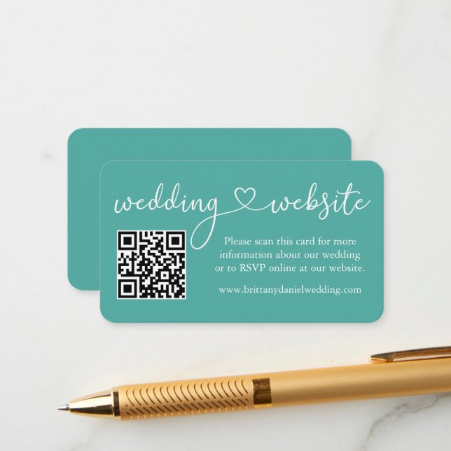 Moderne Kalligraphie HerzensWedding Website QR Aqu Begleitkarte (Vorderseite/Rückseite Beispiel)