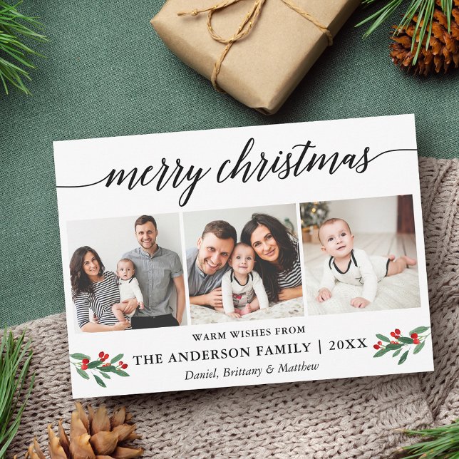 Moderne Kalligraphie Holly Frohe Weihnachten 3 Fot (Customize to add text to back of card.)