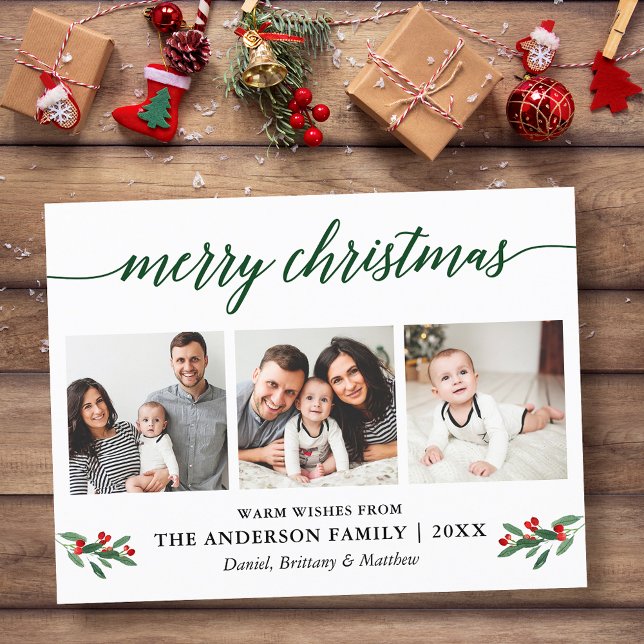Moderne Kalligraphie Holly Green Christmas 3 Foto Postkarte (Customize to change your personalized text size or text style.)