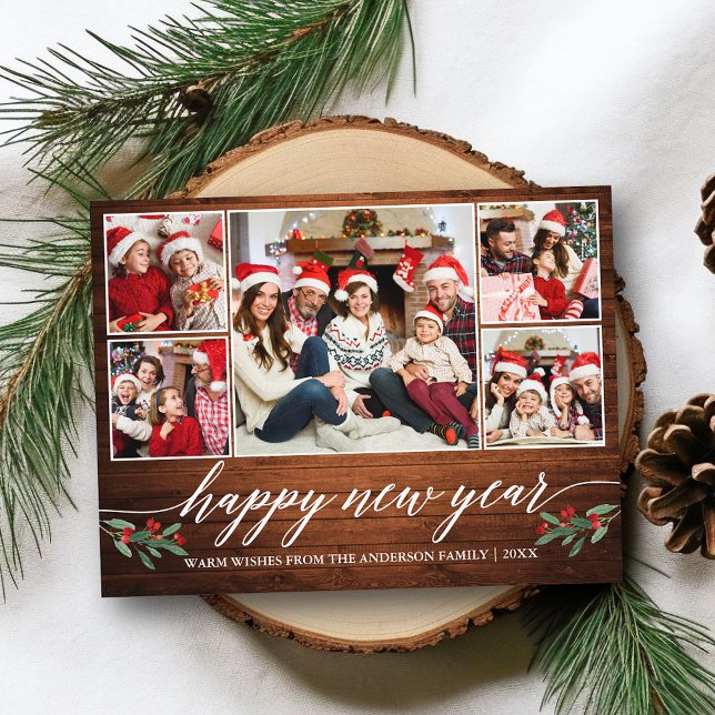 Moderne Kalligraphie Holz 5 Foto Glück Neues Jahr Postkarte (Customize to change your personalized text size or text style.)